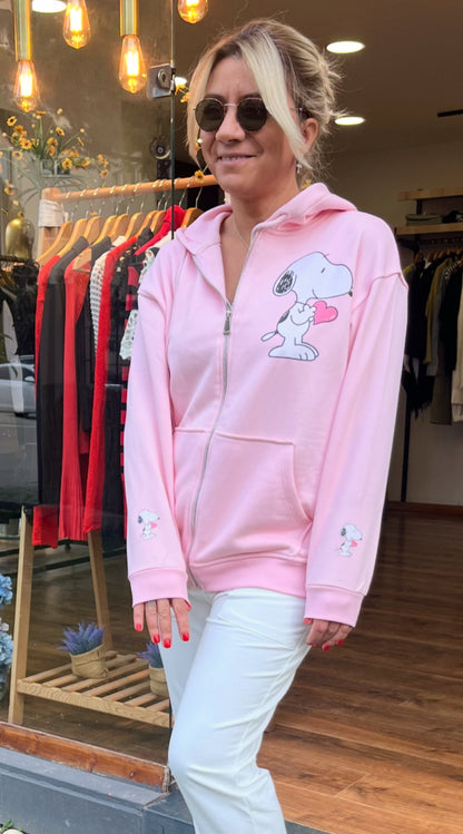Snoopy Kapşonlu Fermuarlı Sweatshirt